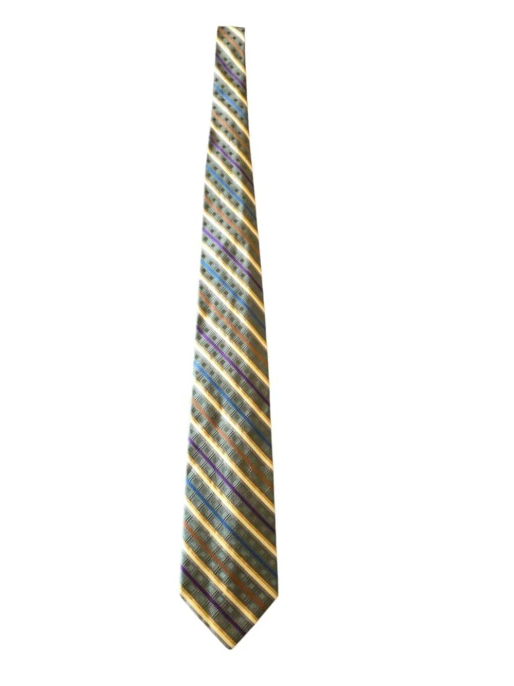 Rooster 100% Silk Tie Green Blue Purple Gold Geometric Striped Necktie 3.5”